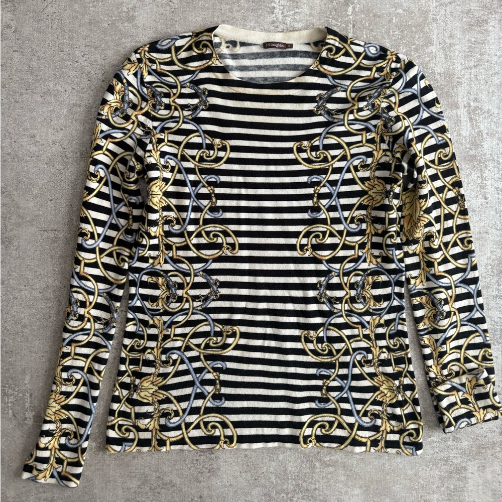 J. McLaughlin Women Chain Print Stripe Crew Neck Sweater‎ Top Size S Long Sleeve